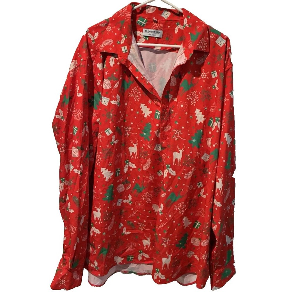 Men's J&DHUASHA Size XXXL Soft Fabric Button Down Christmas Shirt Red Reindeer